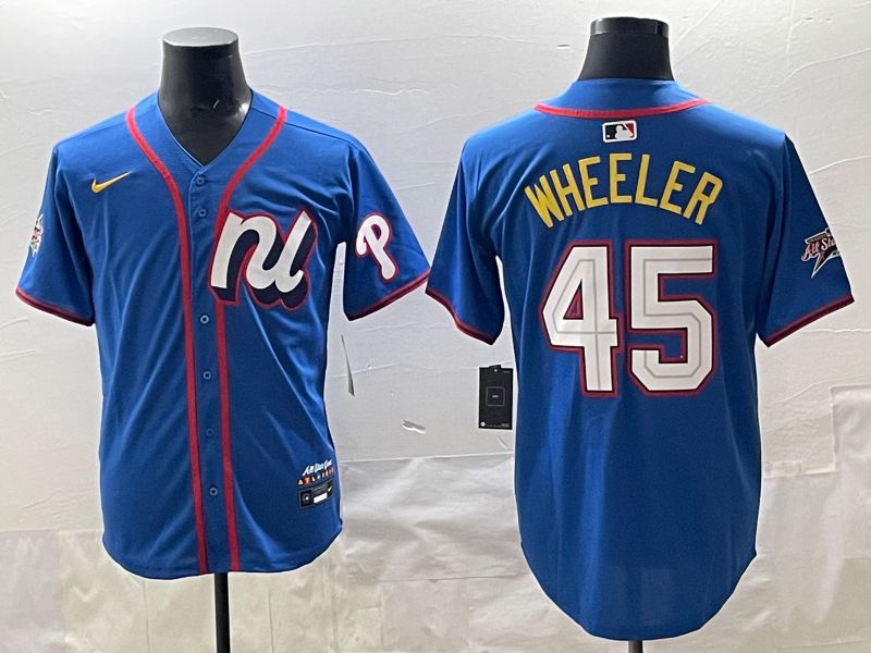 Men 2025 Philadelphia Phillies 45 Wheeler Blue All star Nike MLB Jersey style 01